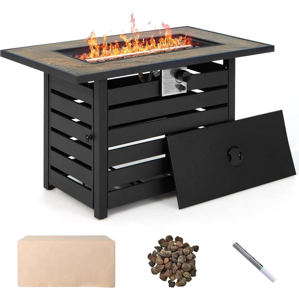image:imageGiantex 42 Propane Fire Pit 50000 BTU Rectangular Outdoor Gas Firepit with Lid HighTemp Resistant Tabletop Adjustable Flame Lava Rocks and Waterproof Cover 2 in 1 Patio Fire Table for Outside