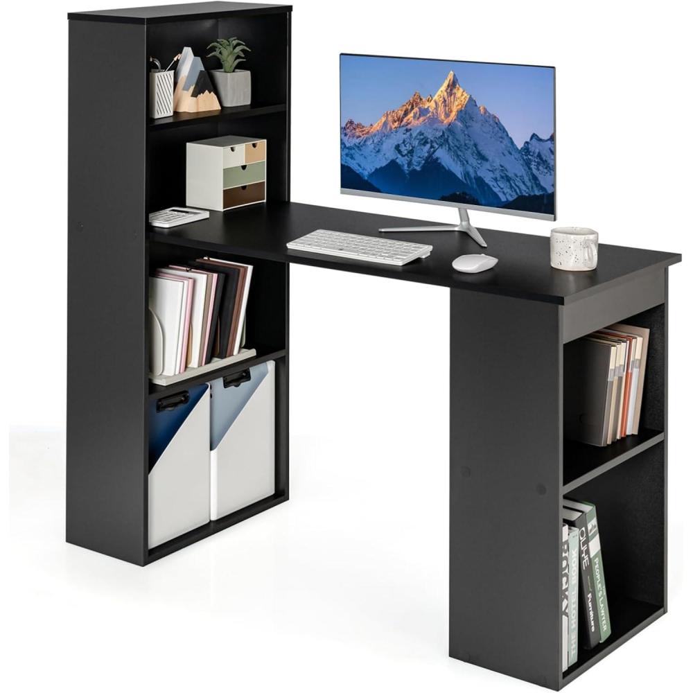 image:imageGiantex 48 Inch Computer Desk with Bookshelf 3in1 Home Office Desk with 4Tier Bookcase amp CPU Stand SpaceSaving Reversible Writing Desk Work Table for Bedroom Study Room Office NaturalBlack