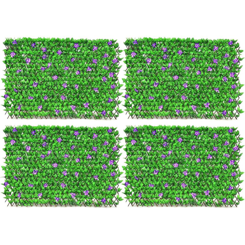 image:imageGiantex 4PCS Expandable Fence with Leaves 65ft Privacy Screen Decorative Faux Ivy Fencing Panel for Balcony Patio Deck Backdrop Outdoor Artificial Hedge Screen 4 Green Leaves amp White FlowersGreen Leaves  Purple Flowers