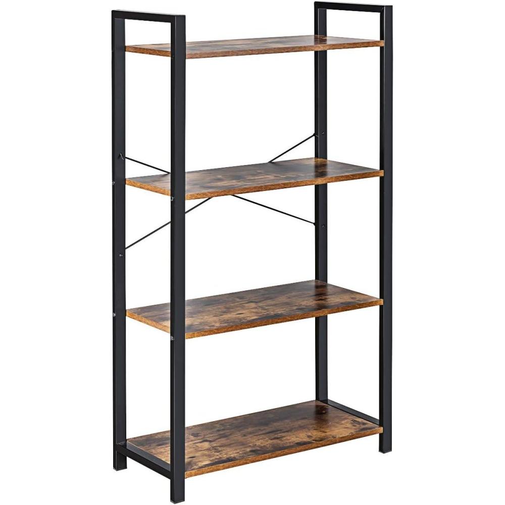 image:imageGiantex 4Tier Industrial Bookshelf Vintage Bookcase with Metal Frame Standing Shelf Unit Storage Shelves Book Shelf for Living Room Bedroom Office BrownBrown