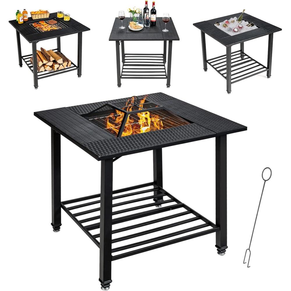 image:imageGiantex 4in1 Wood Burning Fire Pit Square Firepit Table with Mesh Cover Removable Lid Cooking Grate Log Grate and Fire Poker Outdoor Fire Table for Garden Poolside Balcony