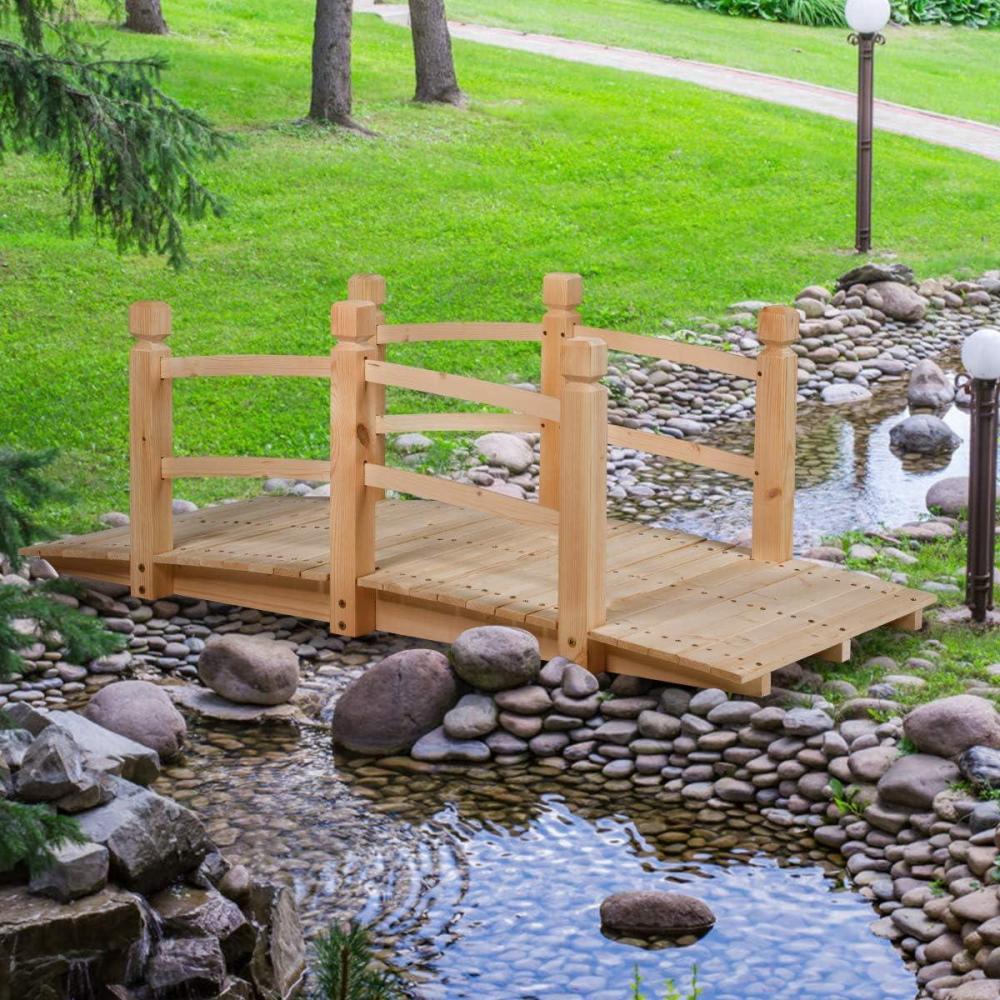 image:imageGiantex 5 FT Wooden Garden Bridge Classic Wood Arc Footbridge with Railings 400 lbs Capacity Decorative Pond Bridge for Outdoor Garden Yard Backyard Creek Farm NaturalNatural