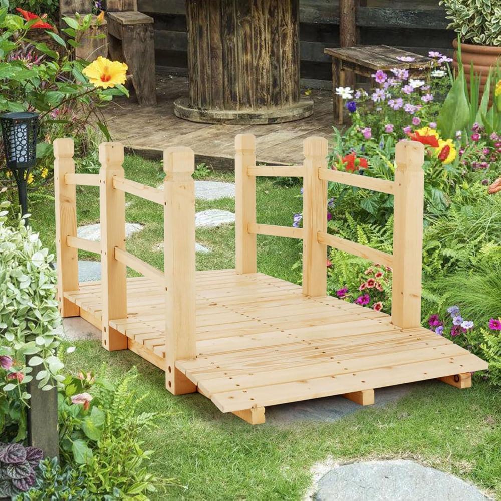 image:imageGiantex 5 ft Garden Bridge Stained Wood Arc Footbridge Walkway with Side Railings Decorative Wooden Bridge Landscaping for Backyard Farm Garden Creek Pond Decor Easy to Assemble Stained BrownNatural