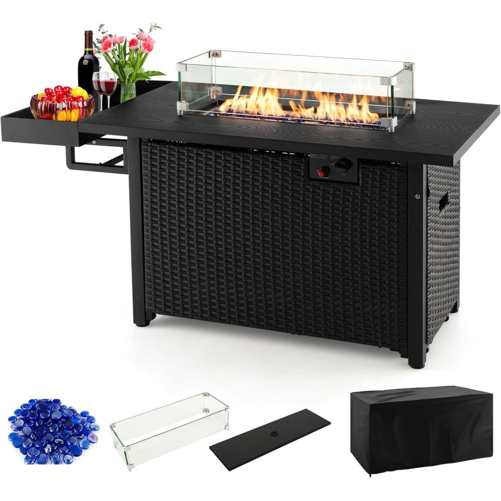 image:imageGiantex 52 Outdoor Propane Fire Pit 50000 BTU Wicker Patio Gas Fire Table wLid Waterproof Cover Tempered Glass Wind Guard amp Blue Fire Stone PE Rattan Firepit Table wStorage Shelf BrownBlack