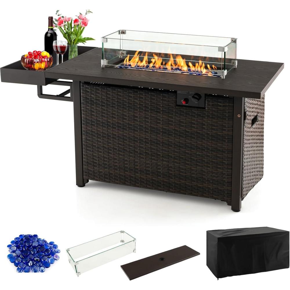 image:imageGiantex 52 Outdoor Propane Fire Pit 50000 BTU Wicker Patio Gas Fire Table wLid Waterproof Cover Tempered Glass Wind Guard amp Blue Fire Stone PE Rattan Firepit Table wStorage Shelf BrownBrown