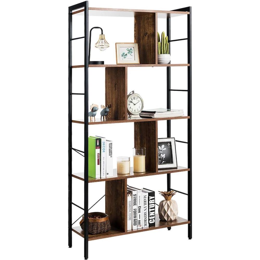 image:imageGiantex 5Tier Bookshelf Industrial Style Bookcase with Metal Frame Free Standing Storage Display Shelves Home Office Study Storage Rack Shelves with Dividers Wood Shelving Unit Rustic BrownRustic Brown