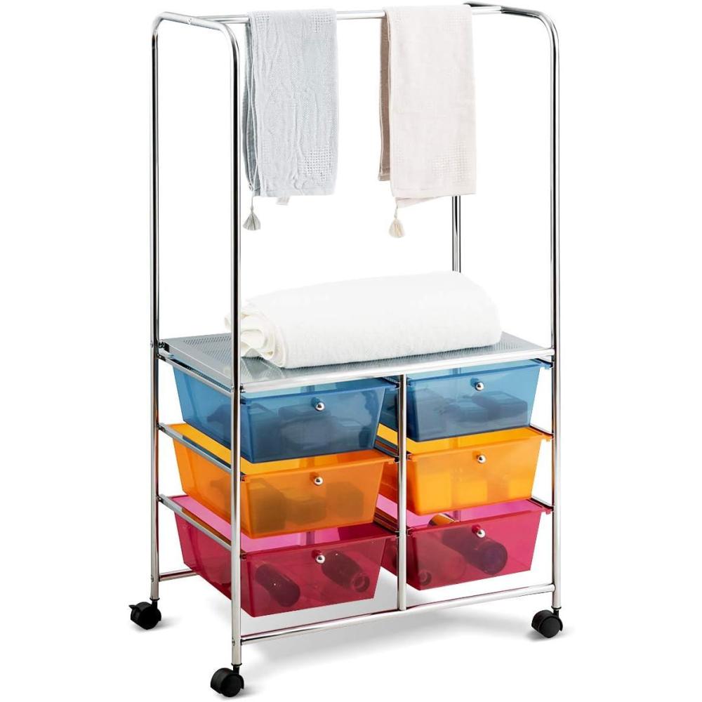 image:imageGiantex 6 Drawer Storage Cart Office School Organizer Cart Rolling Drawer Cart for Tools Scrapbook Paper or Bathroom Storage Shelf BlueOrange amp Red