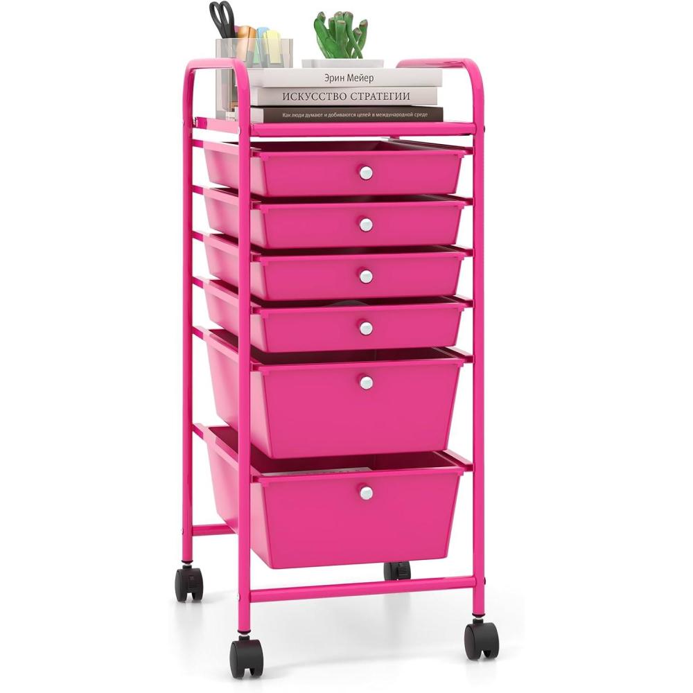 image:imageGiantex 6 Storage Drawer Cart Rolling Organizer Cart for Tools Scrapbook Paper Home Office School Multipurpose Mobile Utility Cart Beige amp YellowHot Pink