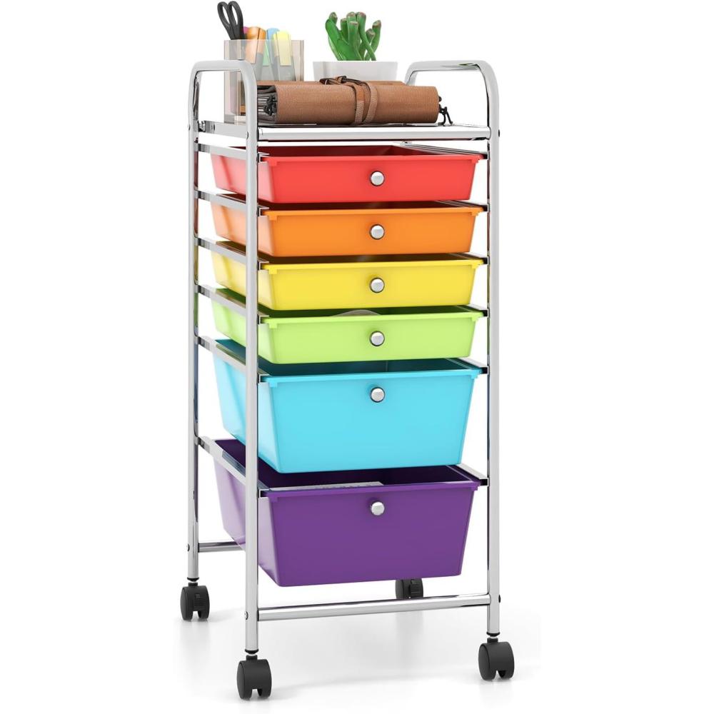 image:imageGiantex 6 Storage Drawer Cart Rolling Organizer Cart for Tools Scrapbook Paper Home Office School Multipurpose Mobile Utility Cart Beige amp YellowRedOrangeGreenTurquoisePurple