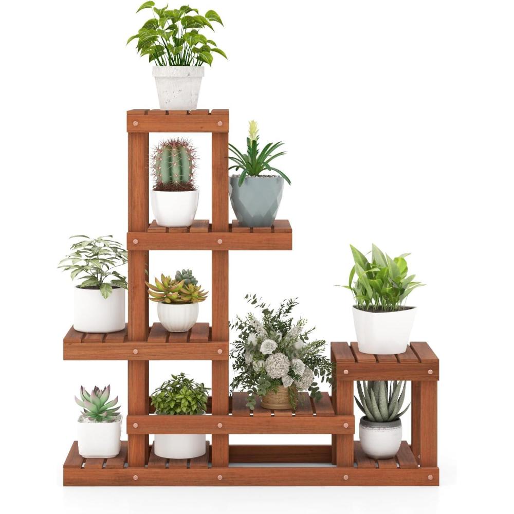image:imageGiantex 6 Tier Wood Plant Stand Shorea Tiered Plant Shelf for Multiple Potted Plants with High Low Structure Indoor amp Outdoor Flower Rack Corner Display Shelf for Balcony Living Room Patio
