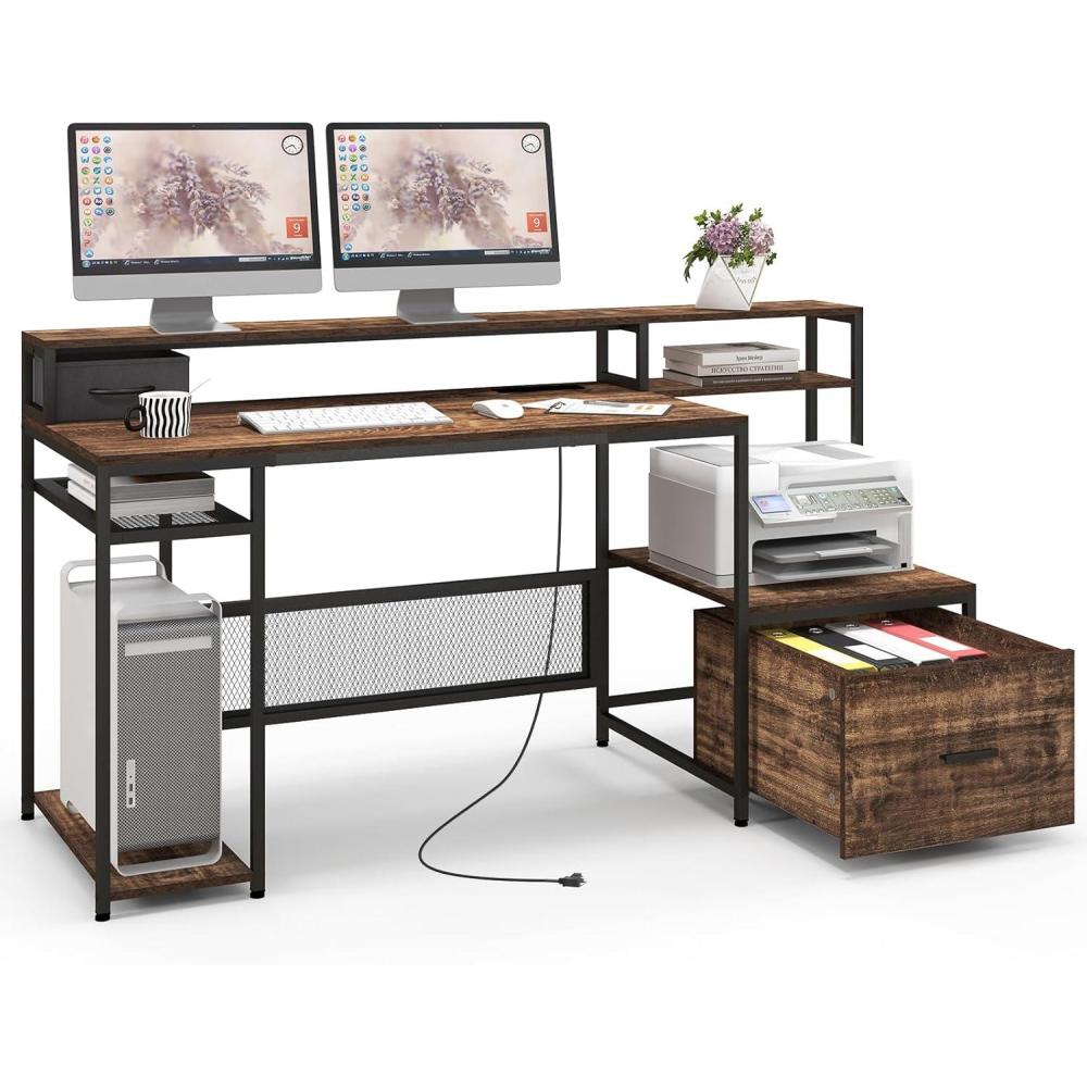 image:imageGiantex 67 Computer Desk with File Drawers Cabinet Home Office Desk with Monitor Stand Industrial Study Writing Gaming Desk with Power Outlets Large PC Work Table Workstation with Printer Space