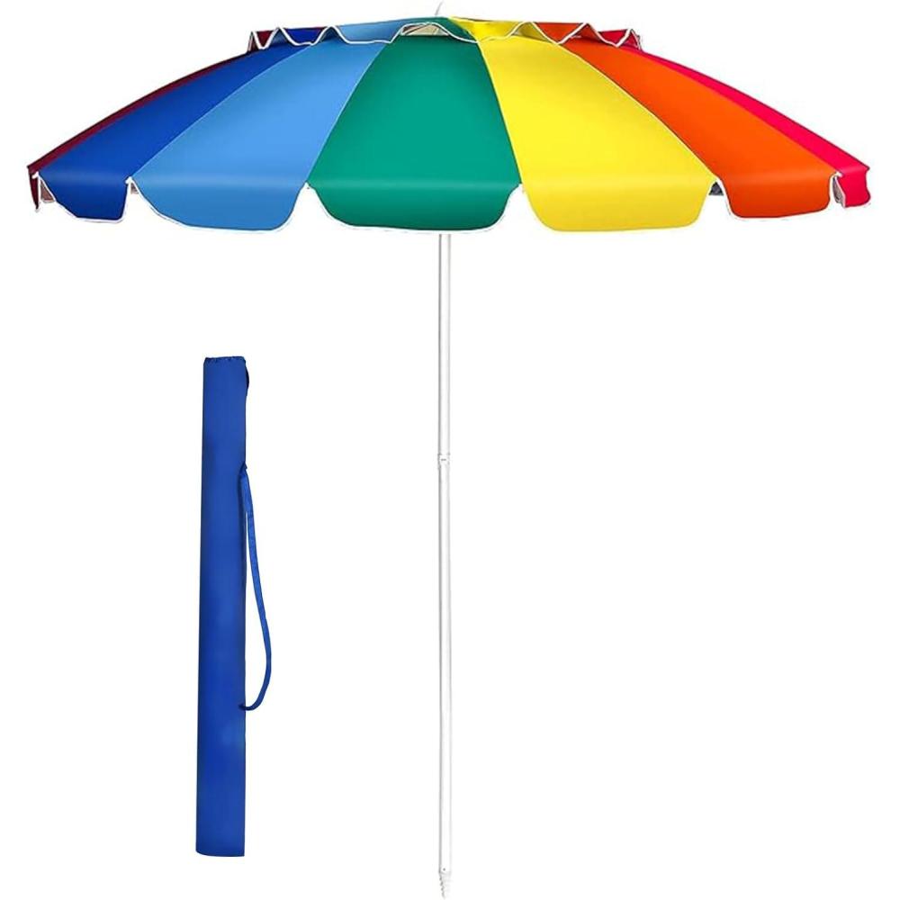 image:imageGiantex 8 Ft Beach Umbrella Patio Sunshade Umbrella with Sand Anchor amp Tilt Mechanism 16 Fiberglass Ribs AirVent Design Portable Sun Shelter Suitable for Seaside Backyard Poolside Market EntranceRainbow
