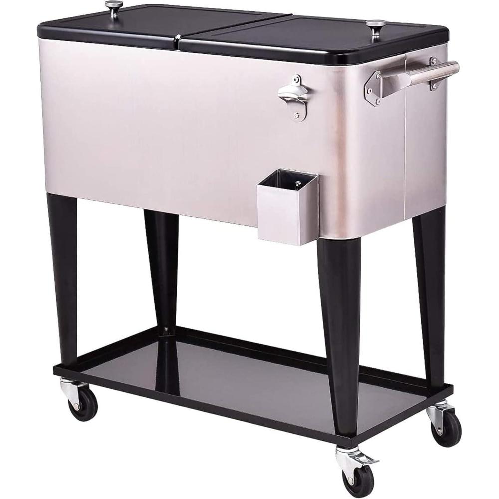 image:imageGiantex 80 Quart Rolling Patio Cooler Cart with Bottom Storage Shelf amp Drain Outdoor Ice Chest with Lockable Wheels Bottle Opener amp Cap Catcher for Party Poolside Backyard BBQSilver Black