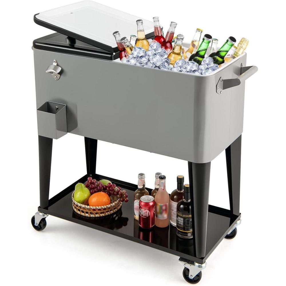 image:imageGiantex 80 Quart Rolling Patio Cooler Cart with Bottom Storage Shelf amp Drain Outdoor Ice Chest with Lockable Wheels Bottle Opener amp Cap Catcher for Party Poolside Backyard BBQGray Black