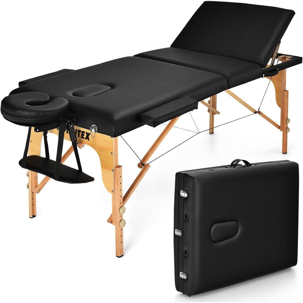 image:imageGiantex 84inch Folding Massage Table Lash Bed Portable 3 Sections Spa Salon Tattoo Bed with Face Cradle Armrests Wooden Legs Professional Massage Bed Height Adjustable with Carry Case BlackBlack