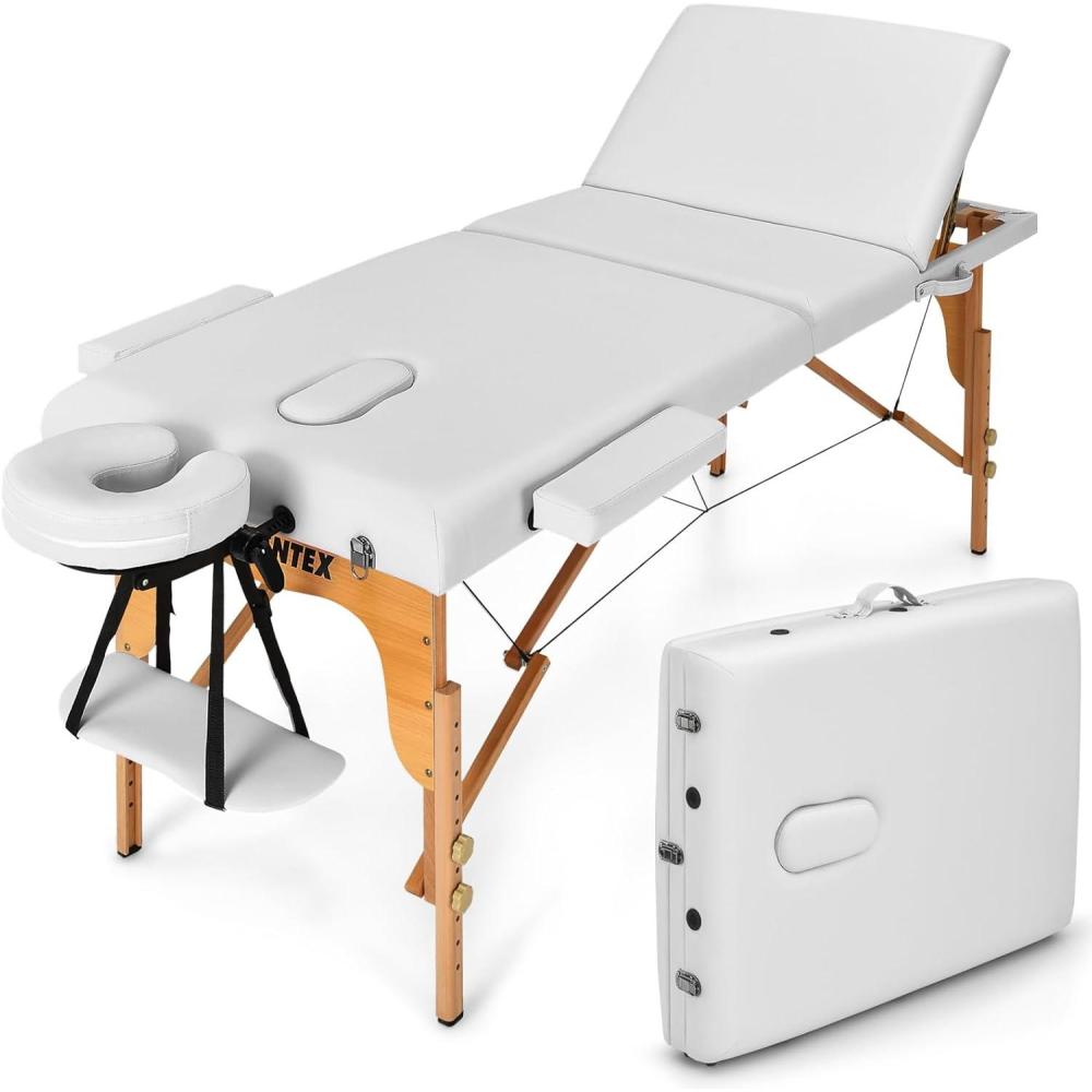 image:imageGiantex 84inch Folding Massage Table Lash Bed Portable 3 Sections Spa Salon Tattoo Bed with Face Cradle Armrests Wooden Legs Professional Massage Bed Height Adjustable with Carry Case BlackWhite