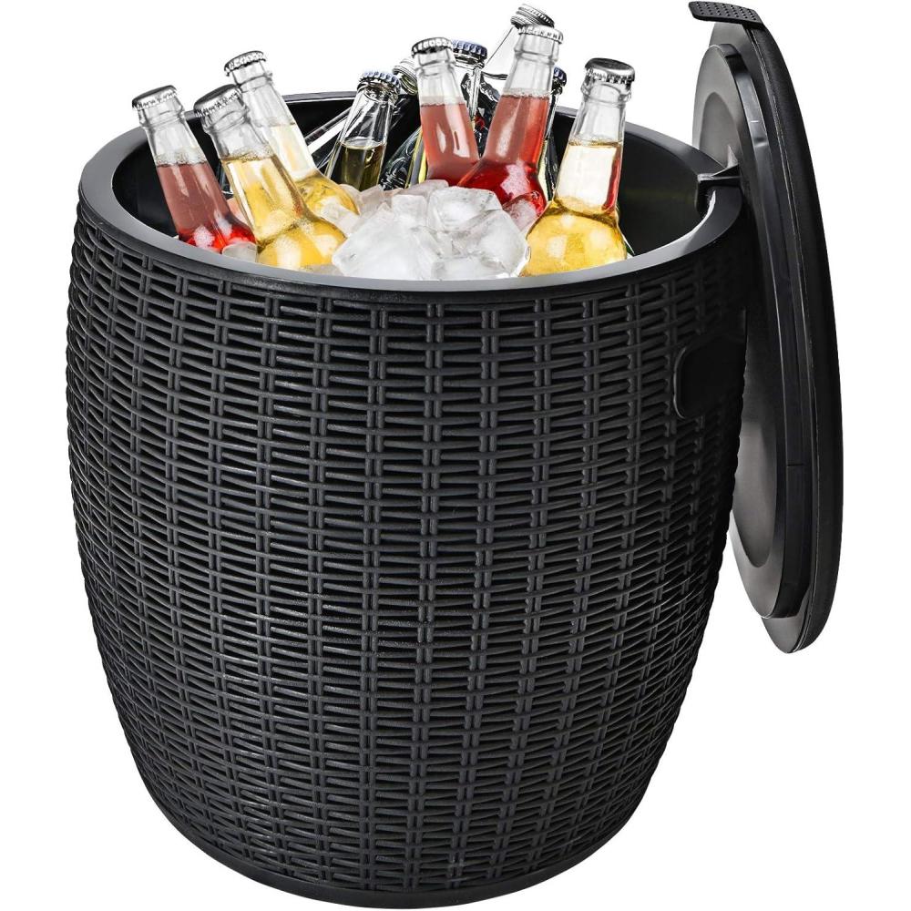 image:imageGiantex 95 Gallon Ice Cooler Wicker Round Ice Chest Outdoor Beer Wine Ice Bucket Top Lid Side Handles Drainage Plug Weatherresistant Patio Cool Bar Table for Cocktail Party Poolside DeckBlack