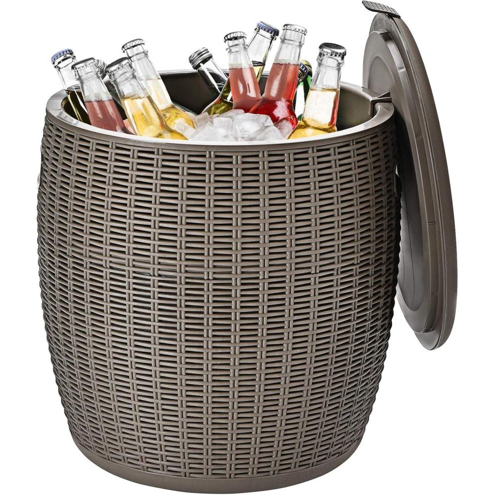 image:imageGiantex 95 Gallon Ice Cooler Wicker Round Ice Chest Outdoor Beer Wine Ice Bucket Top Lid Side Handles Drainage Plug Weatherresistant Patio Cool Bar Table for Cocktail Party Poolside DeckTaupe