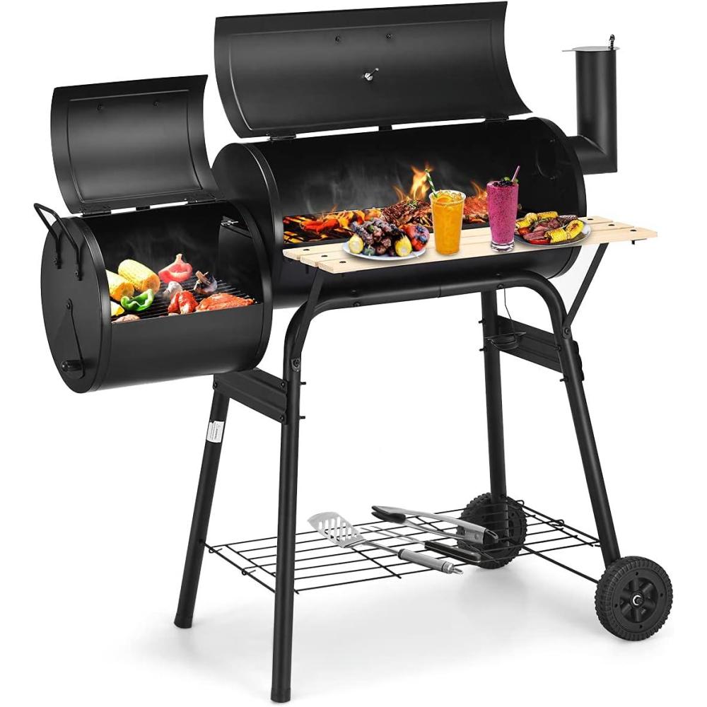 image:imageGiantex BBQ Charcoal Grill with Offset Smoker Thermometer and Adjustable Damper Meat Cooker Smoker for Backyard Family Gathering and Outdoor Picnic 2 Moveable Wheels 2 Shelves and Wooden Handles
