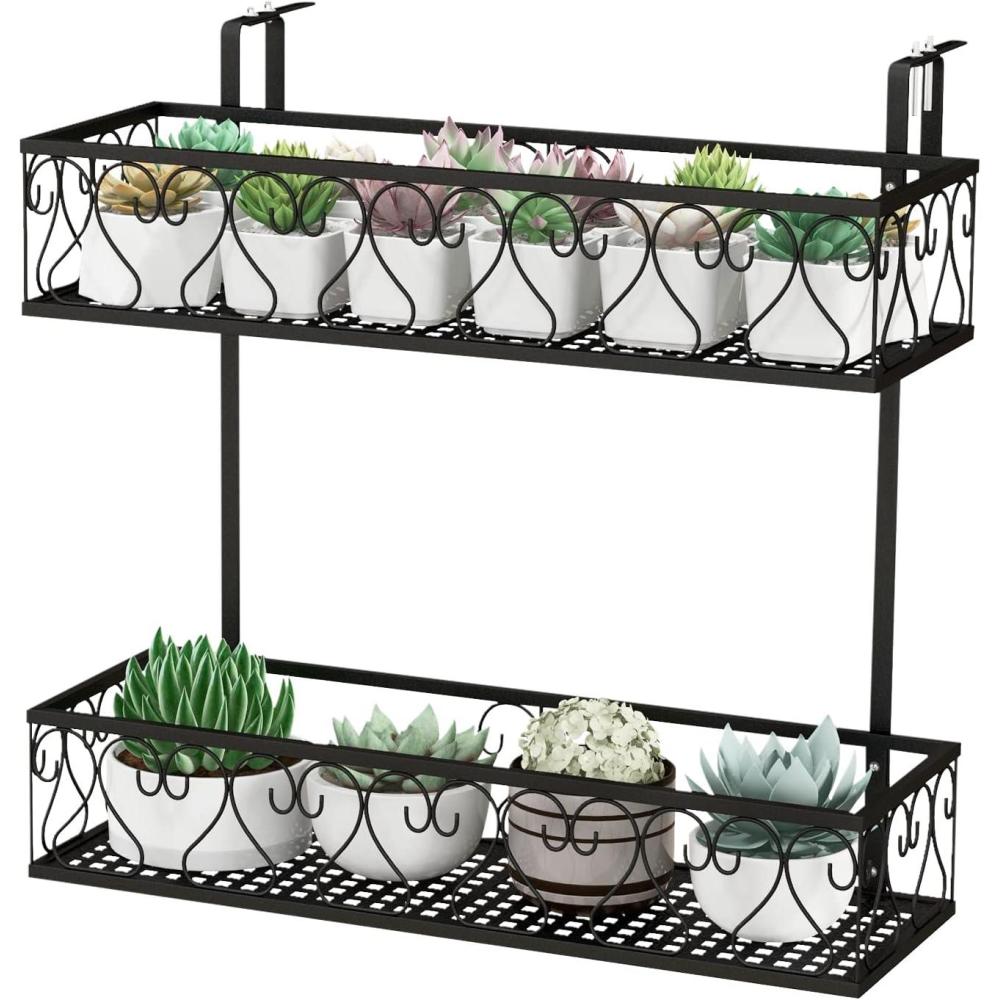 image:imageGiantex Balcony Flower Pot Stand Rack w Adjustable Hooks amp 2 Planter Baskets  Patio Railing Shelf Plant Pots Holder Metal Hanging Planter for Outdoor Windows Porch Fence