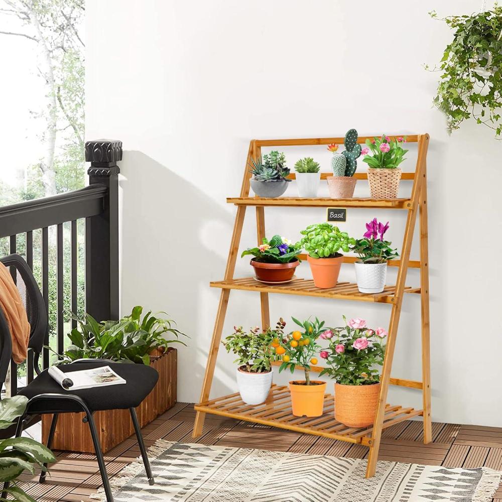 image:imageGiantex Bamboo Ladder Plant Stand 3 Tier Folding Bamboo Plant Shelf Foldable Flower Pot Display Shelf Rack Multiple Plants Holder Organizer Storage Shelf for Indoor Outdoor Balcony Garden NaturalNatural
