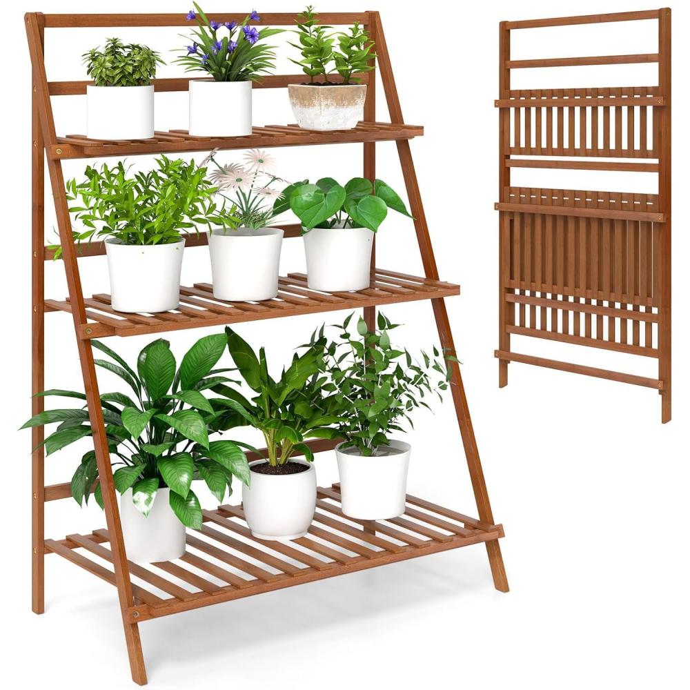 image:imageGiantex Bamboo Ladder Plant Stand 3 Tier Folding Bamboo Plant Shelf Foldable Flower Pot Display Shelf Rack Multiple Plants Holder Organizer Storage Shelf for Indoor Outdoor Balcony Garden NaturalBrown