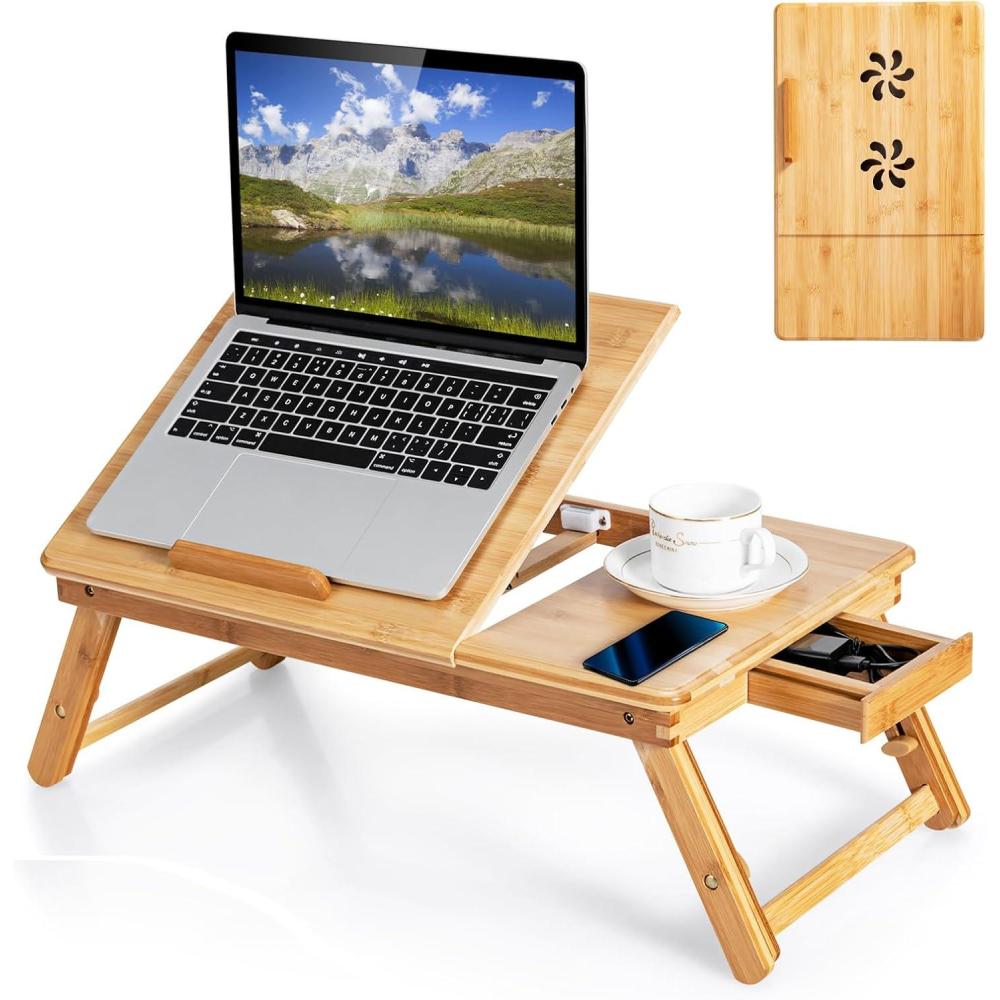 image:imageGiantex Bamboo Laptop Desk for Bed Adjustable Serving Tray Breakfast Table with Tilting Desktop Folding Lap Tray with Removable Stopper Cooling Holes amp Small Side Drawer BlackNatural