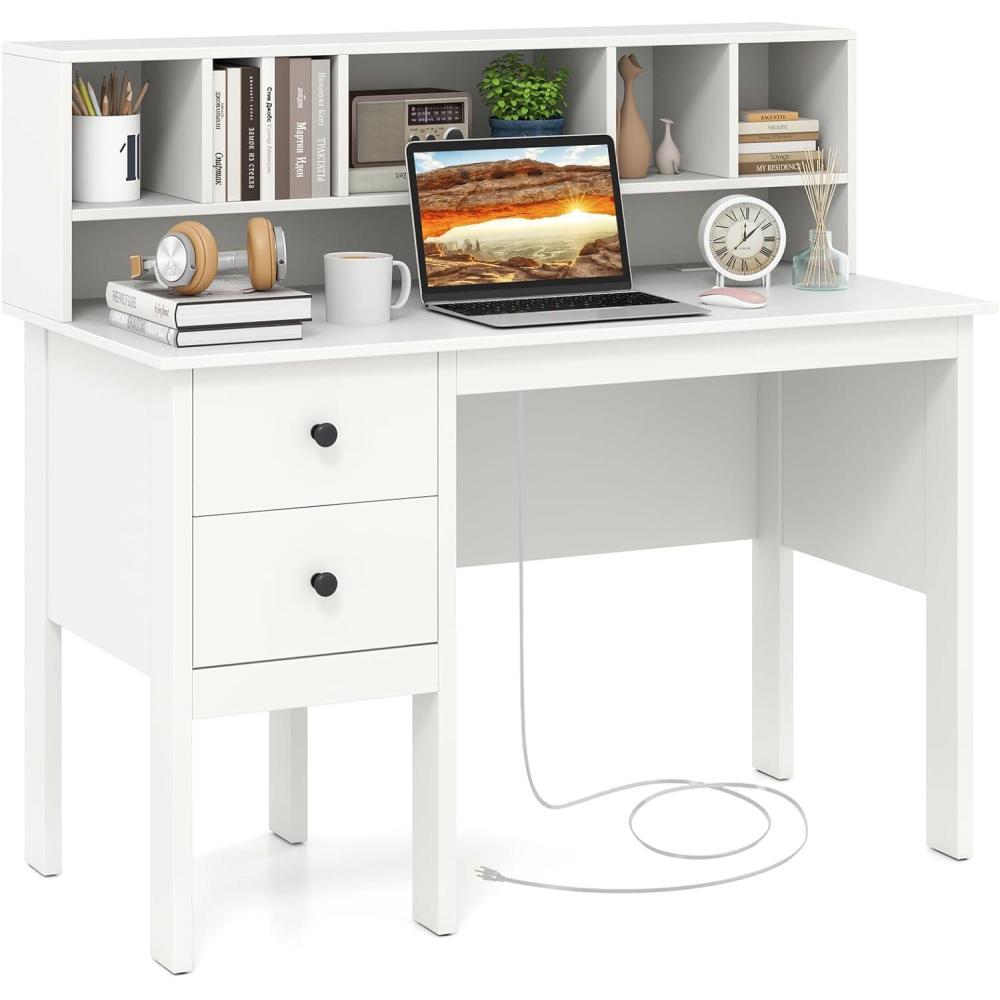 image:imageGiantex Black Desk with Drawers amp Hutch Home Office Desk with Charging Station 5 Storage Cubbies Makeup Vanity Table Modern Study Writing Desk PC Laptop Desks Computer Workstation for BedroomWhite