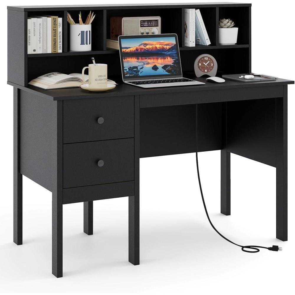 image:imageGiantex Black Desk with Drawers amp Hutch Home Office Desk with Charging Station 5 Storage Cubbies Makeup Vanity Table Modern Study Writing Desk PC Laptop Desks Computer Workstation for BedroomBlack