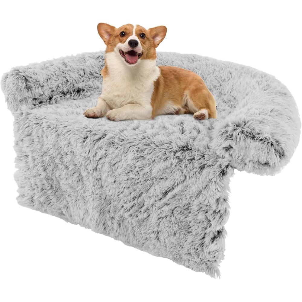 image:imageGiantex Calming Dog Bed  Fluffy Plush Pet Bed for Couch Removable Washable Cover Soft Neck Bolster Dog Sofa Bed Furniture Protector Mats for Dogs Cats Light Gray Small  40 x 35 x 65