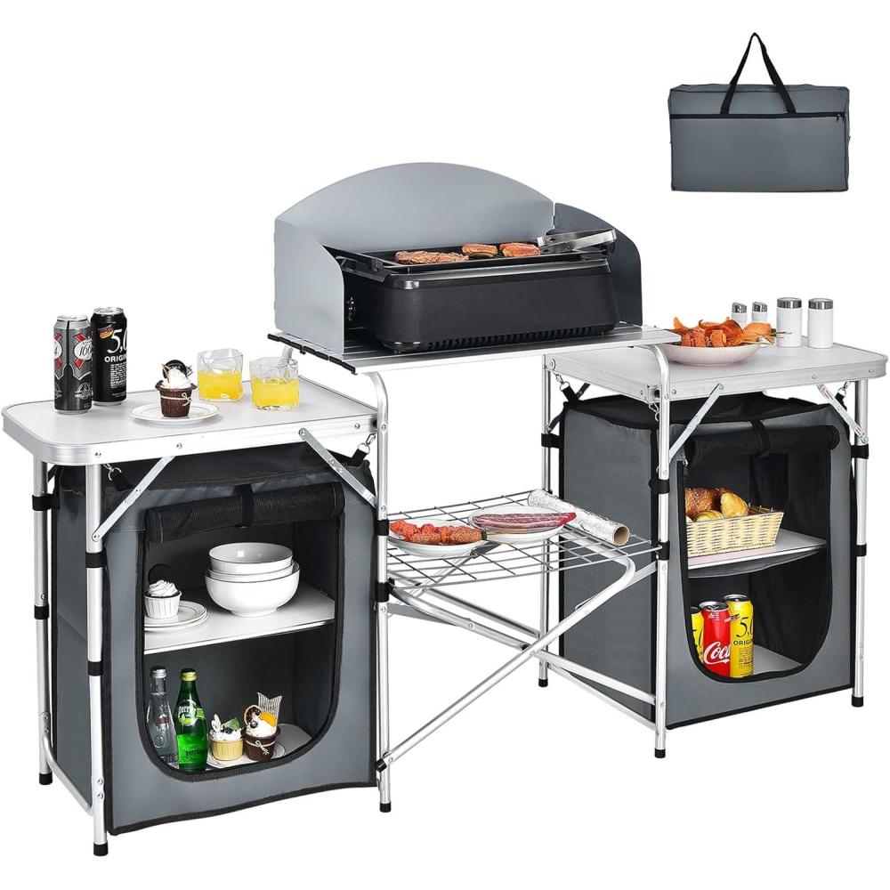 image:imageGiantex Camping Kitchen Station Folding Grill Table with 26 Tabletop 2 Side Tables Storage Organizer Detachable Windscreen Portable Camp Cook Outdoor Prep Station Backyard BBQ Picnic BlackGrey