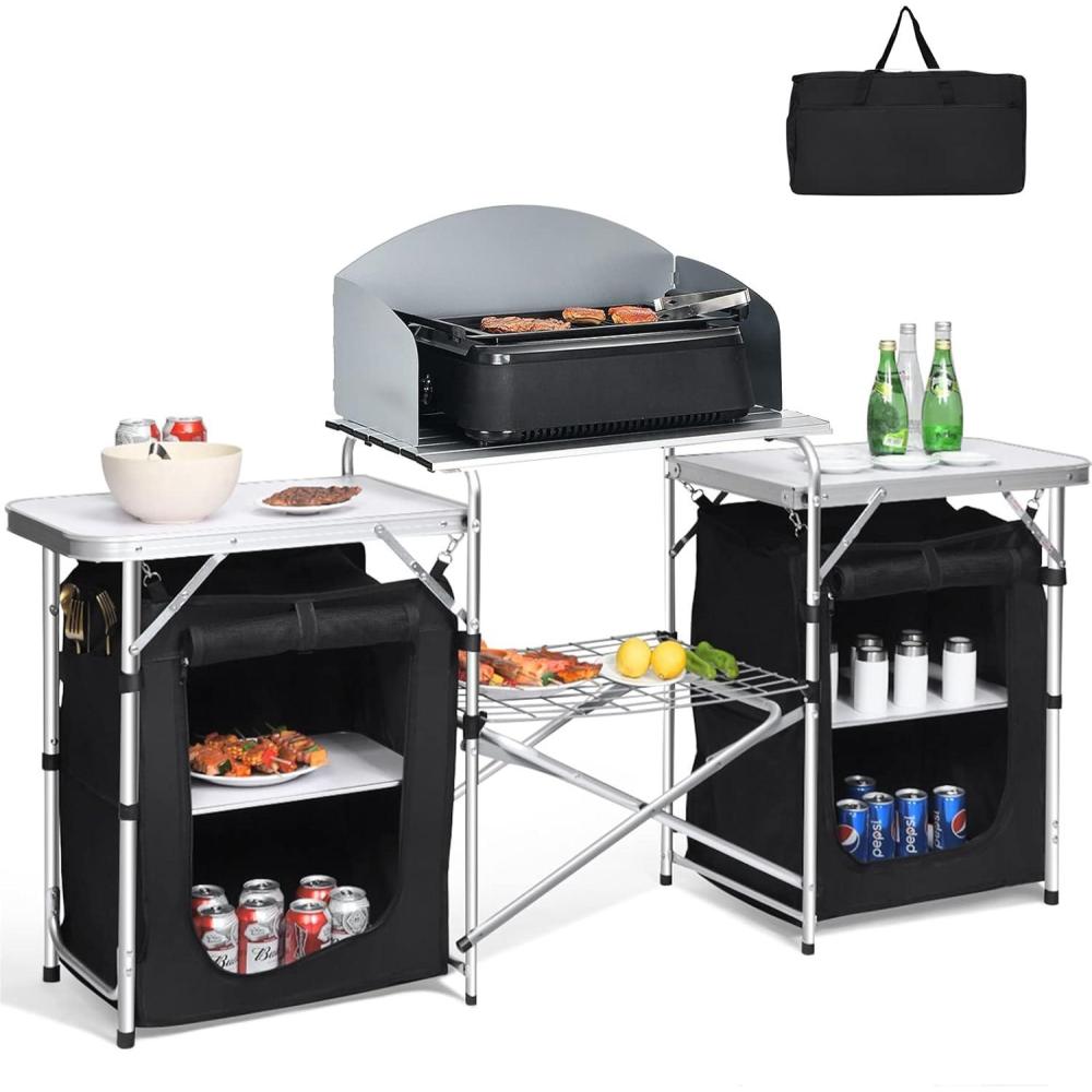 image:imageGiantex Camping Kitchen Station Folding Grill Table with 26 Tabletop 2 Side Tables Storage Organizer Detachable Windscreen Portable Camp Cook Outdoor Prep Station Backyard BBQ Picnic BlackBlack