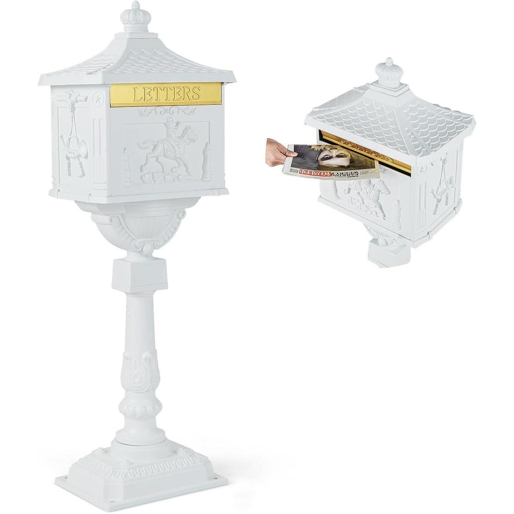 image:imageGiantex Cast Aluminum Mailbox with Post Locking Residential Mailboxes for Outside with Keys Baffle Door Expansion Bolts Address Panel InGround RustProof Large Security Postal Mailbox BronzeWhite
