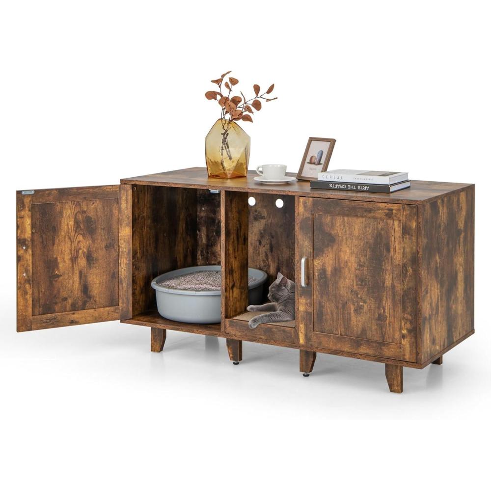 image:imageGiantex Cat Litter Box Enclosure Cat Washroom Hidden Furniture 2 Storage Cabinets Removable Cat Scratcher Air Vents Detachable Legs Wood Pet Crate Indoor Cat House TV Stand Rustic BrownRustic Brown