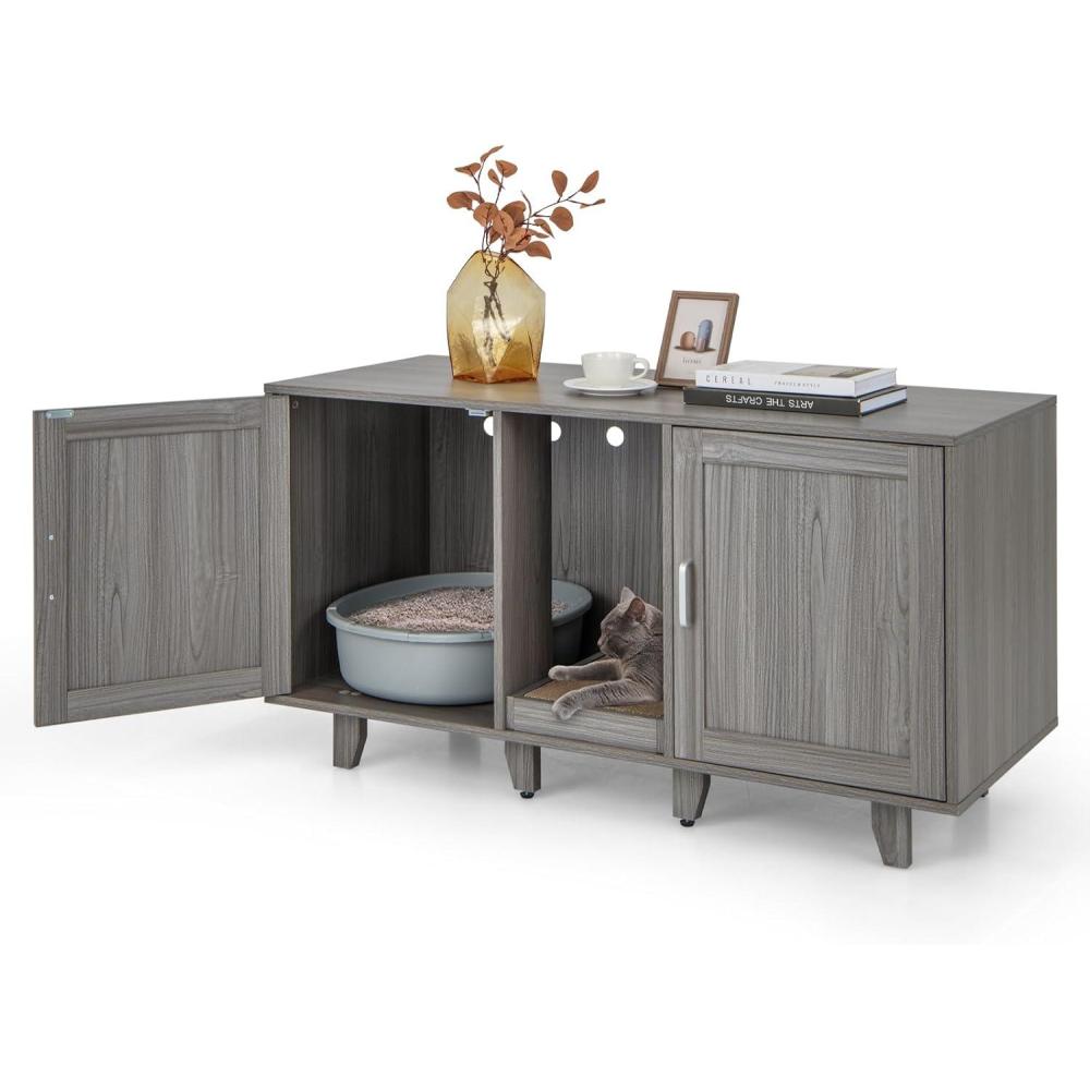 image:imageGiantex Cat Litter Box Enclosure Cat Washroom Hidden Furniture 2 Storage Cabinets Removable Cat Scratcher Air Vents Detachable Legs Wood Pet Crate Indoor Cat House TV Stand Rustic BrownGray