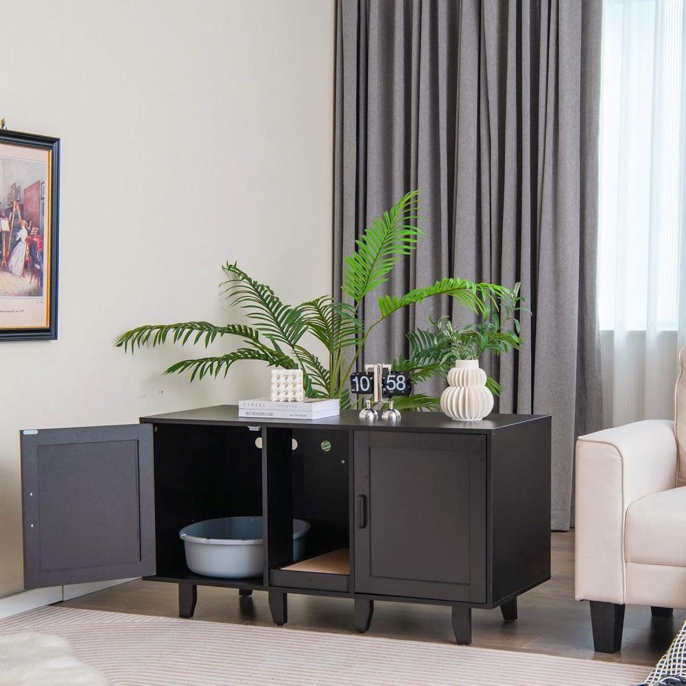 image:imageGiantex Cat Litter Box Enclosure Cat Washroom Hidden Furniture 2 Storage Cabinets Removable Cat Scratcher Air Vents Detachable Legs Wood Pet Crate Indoor Cat House TV Stand Rustic BrownBlack