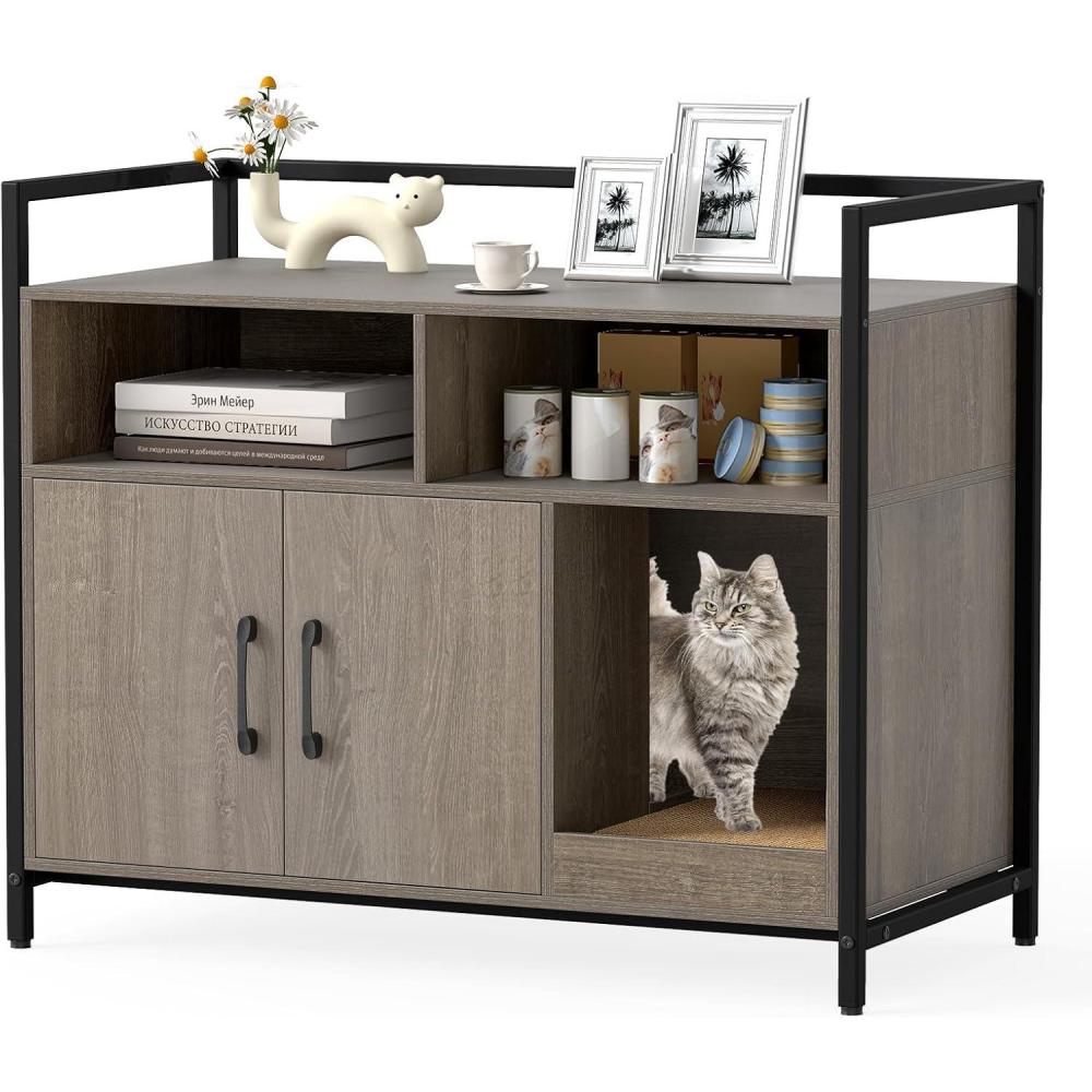 image:imageGiantex Cat Litter Box Enclosure  Cat Washroom Hidden Furniture with Front Entry Scratcher 2Door Storage Cabinet 2 Compartments Air Vents Metal Frame Wooden Pet Crate House BlackOak Gray