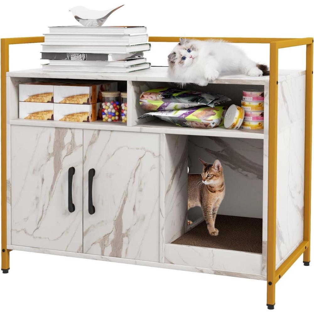 image:imageGiantex Cat Litter Box Enclosure Cat Washroom Hidden Furniture with Front Entry Scratcher 2Door Storage Cabinet 2 Compartments Air Vents Metal Frame Wooden Pet Crate House BlackMarble White