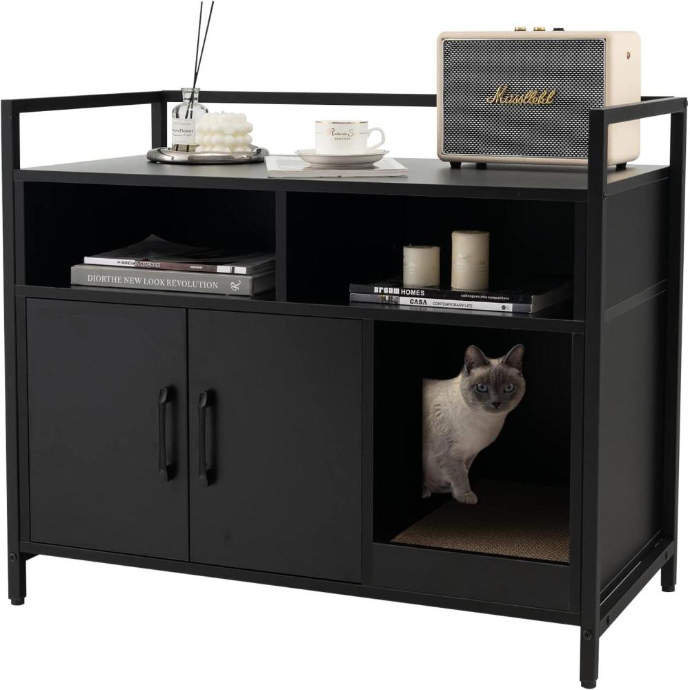 image:imageGiantex Cat Litter Box Enclosure Cat Washroom Hidden Furniture with Front Entry Scratcher 2Door Storage Cabinet 2 Compartments Air Vents Metal Frame Wooden Pet Crate House BlackBlack
