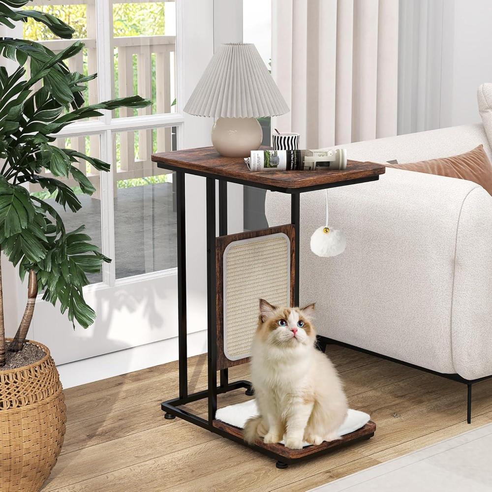 image:imageGiantex Cat Scratcher Side Table CShaped End Table with Cat Scratching Board Washable Cushion Jingling Ball Metal Frame Couch Table Cat Tree Tower for Living Room Bedroom Rustic Brown