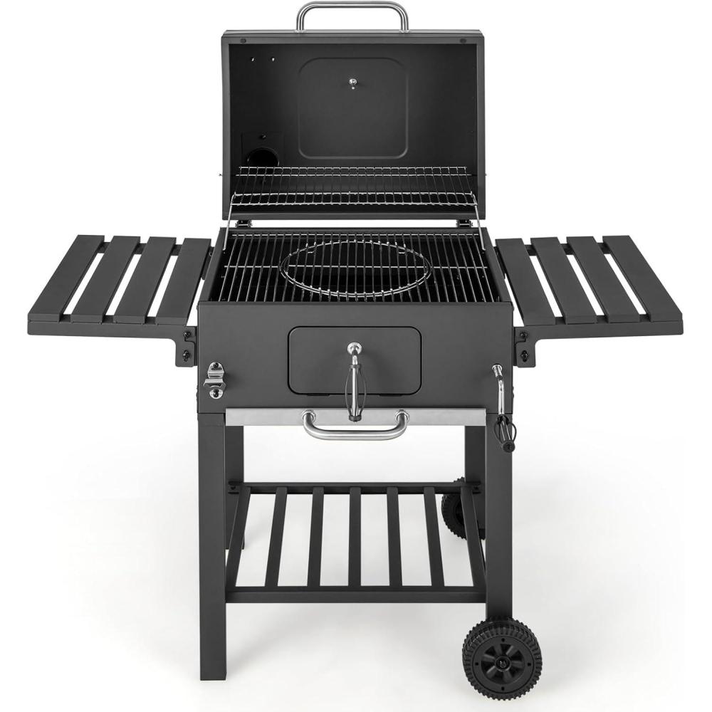 image:imageGiantex Charcoal Grill 24 inch BBQ Grill with 2 Foldable Side Table Adjustable Charcoal Tray Pullout Ash Tray Heavy Duty Barbecue Grill with Wheels for Outdoor Cooking Camping Backyard Party