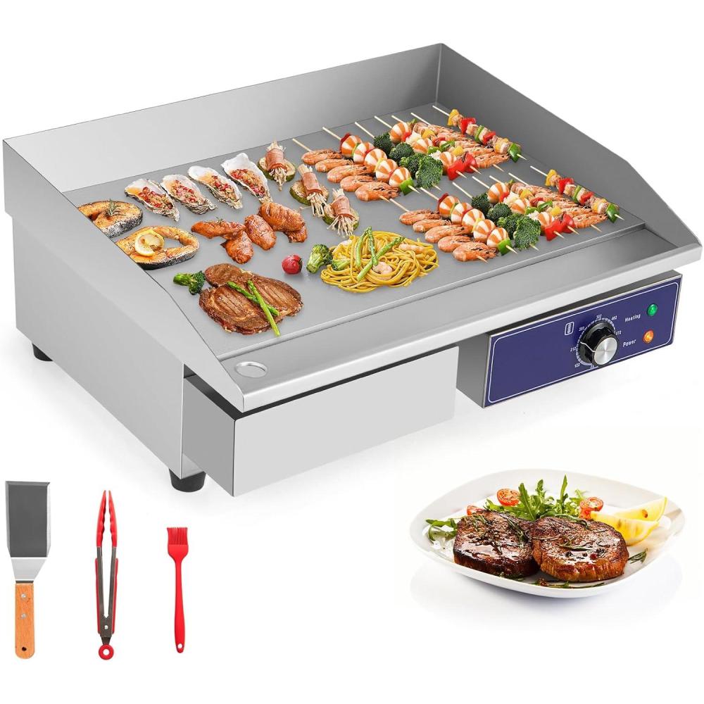 image:imageGiantex Commercial Griddle 22 Electric Griddle 2000W Cast Iron Griddle Stainless Steel Frame 122572 Adjustable Temperature Control Removable Oil Storage Box Restaurant Teppanyaki Grill
