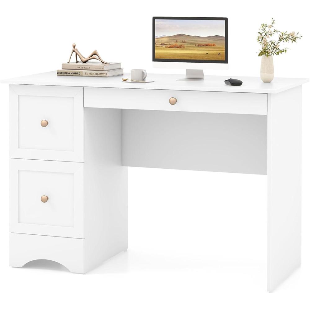 image:imageGiantex Computer Desk with 2 Drawers Modern PC Desk with Storage Study Writing Table w 2in1 Keyboard Tray Wooden Laptop Workstation for Home Office Bedroom Living Room White