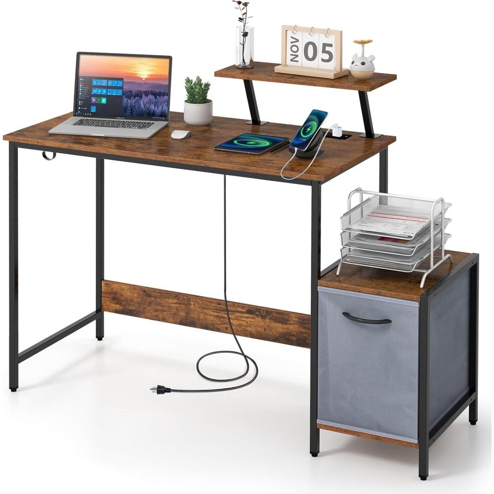 image:imageGiantex Computer Desk with Drawer and Power Outlet Home Office Desk with Reversible Storage Drawer amp Raised Shelf Computer Workstation with Hook Industrial Study Writing Desk for Study Bedroom