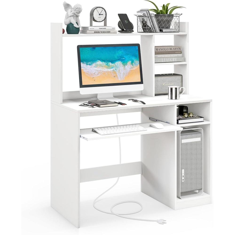 image:imageGiantex Computer Desk with Hutch 435 Inch Home Office Desk with Keyboard Tray amp Charging Station Laptop PC Table for Workstation Modern Study Writing Desk for Small Space Bedroom BlackWhite