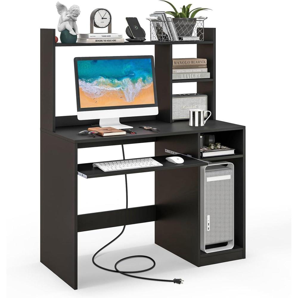 image:imageGiantex Computer Desk with Hutch 435 Inch Home Office Desk with Keyboard Tray amp Charging Station Laptop PC Table for Workstation Modern Study Writing Desk for Small Space Bedroom BlackBlack