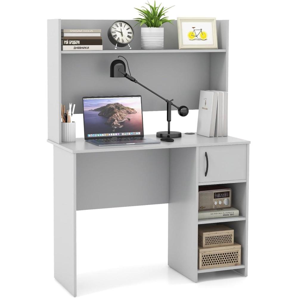 image:imageGiantex Computer Desk with Hutch Home Office Desk with Storage Cabinet amp Adjustable Shelf 2 Cable Holes Modern Laptop PC Desk Computer Workstation for Working Study Writing Desk for Bedroom GrayGrey