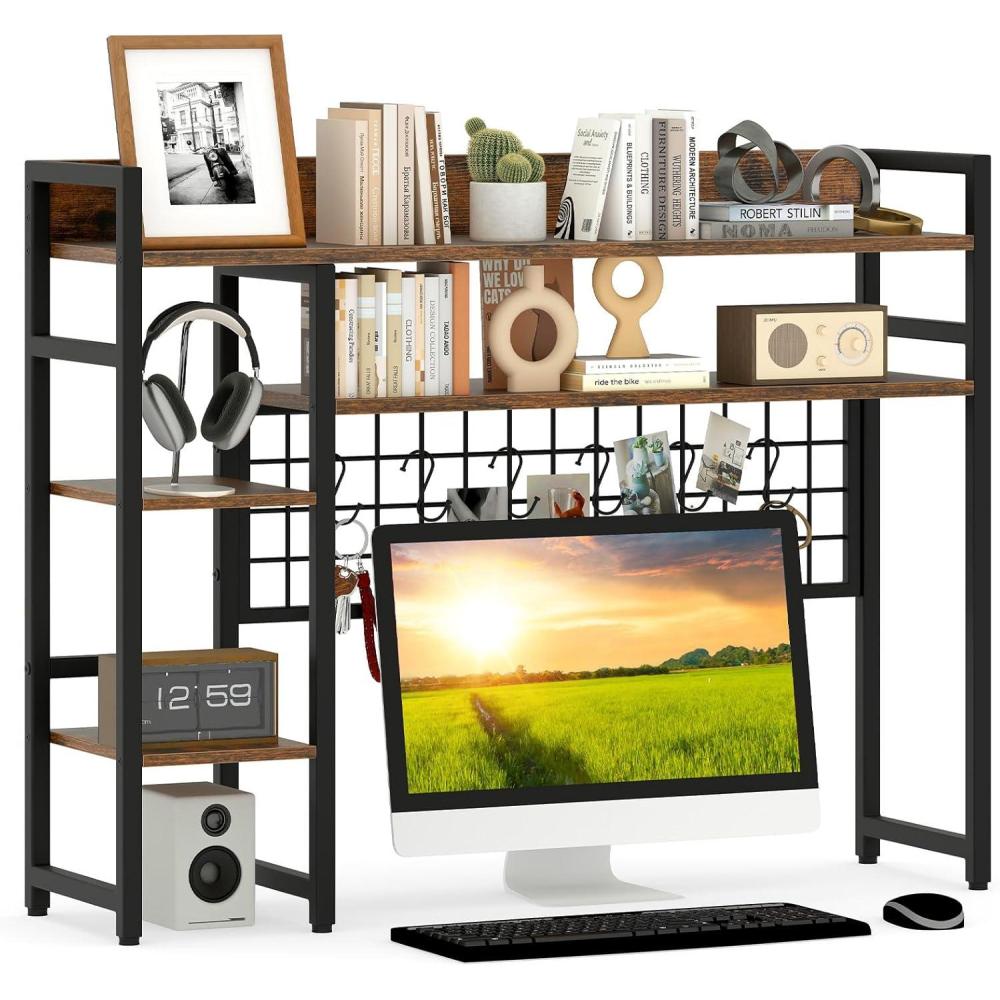 image:imageGiantex Desktop Bookshelf 37 Desk Shelf for Up to 32 Computer Monitors 4 Tier Desktop Display Shelves with Grid Panel 6 Movable Hooks Antitip Device Desk Hutch for Home Office Dorm BlackRustic Brown