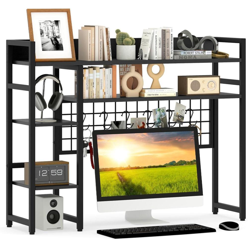 image:imageGiantex Desktop Bookshelf 37 Desk Shelf for Up to 32 Computer Monitors 4 Tier Desktop Display Shelves with Grid Panel 6 Movable Hooks Antitip Device Desk Hutch for Home Office Dorm BlackBlack