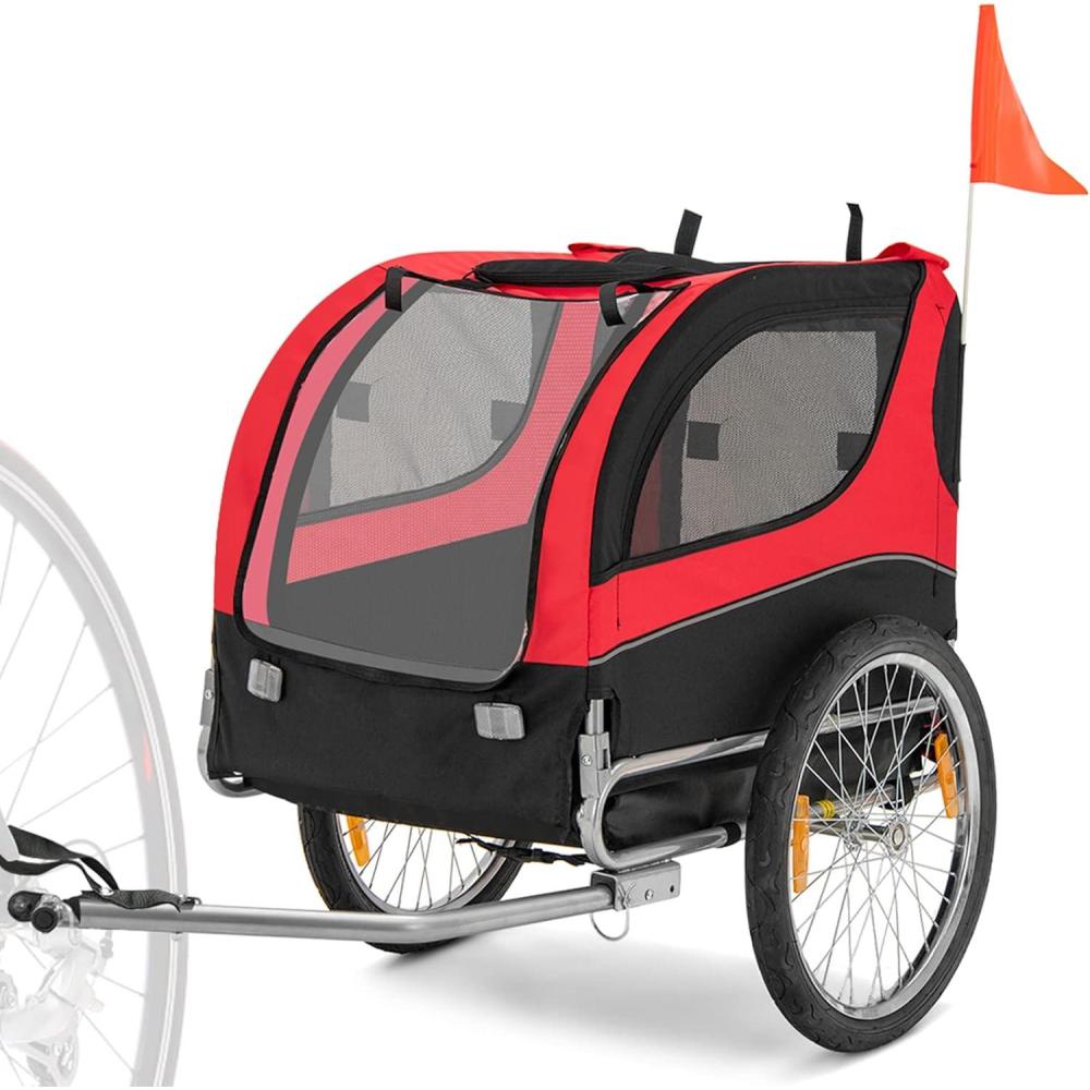 image:imageGiantex Dog Bike Trailer Bicycle Trailer Wagon for Medium and Small Sized Dogs 20 Inch Wheels 3 Zippered Doors 8 Reflectors 1 Red Flag Folding Dog Carrier for Bike Hold up to 88lbs